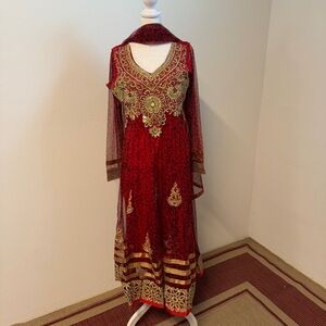 Red Gold Embroidered Girls Formal Dress with Dupatta